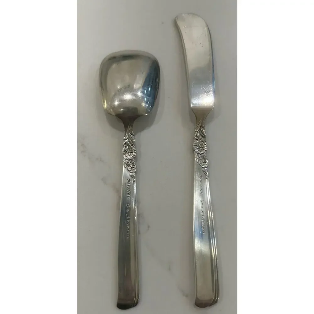 Vtg Oneida‎ Prestige Gay Adventure 1955 Silver Plated Butter Knife & Sugar Spoon